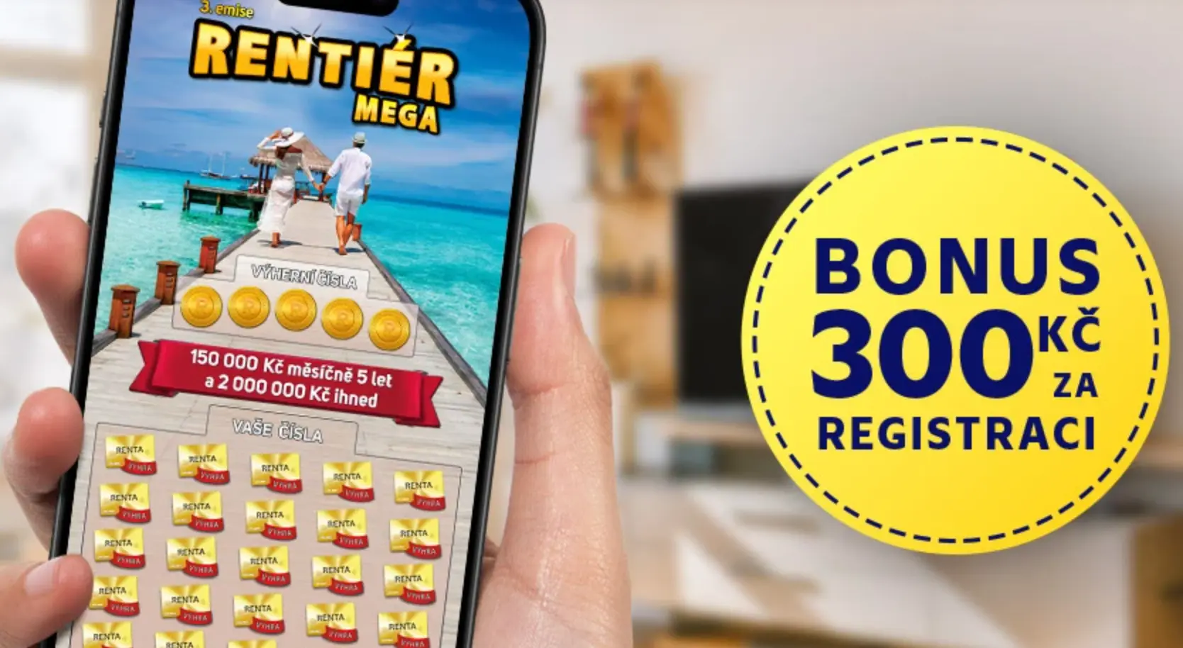 Zahrajte si Rentiér Mega los a získejte bonus 300 Kč za registraci Rentiér Mega stírací los na mobilu s bonusem 300 Kč za registraci – výhra až 2 000 000 Kč a měsíční renta